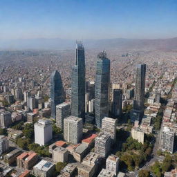 Ultra-realistic panoramic image showcasing the cityscape of Santiago de Chile, highlighting its emblematic buildings and features.