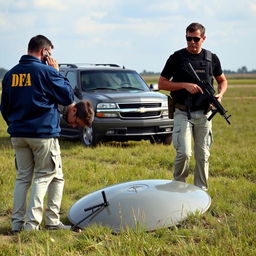 Two investigators in blue jackets with yellow letters on the back that say DFA, wearing cream pants with pockets, are analyzing a fallen UFO in a field