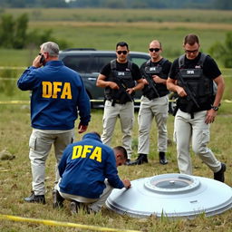 Two investigators in blue jackets with yellow letters on the back that say DFA, wearing cream pants with pockets, are analyzing a fallen UFO in a field