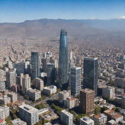 Ultra-realistic panoramic image showcasing the cityscape of Santiago de Chile, highlighting its emblematic buildings and features.