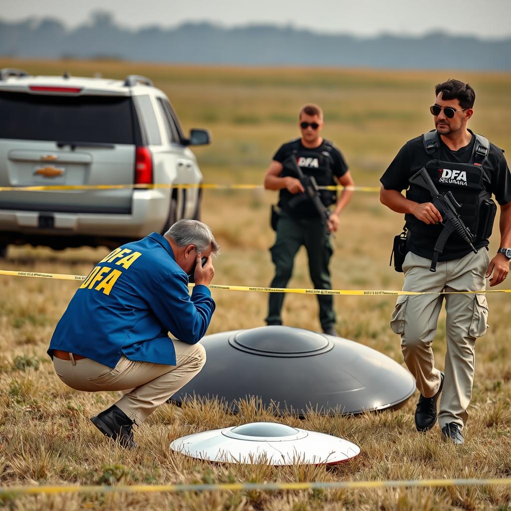 Two investigators in blue jackets with yellow letters on the back that say DFA, wearing cream pants with pockets, are analyzing a fallen UFO in a field