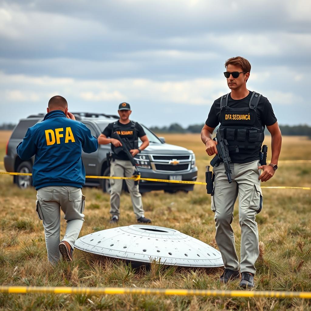 Two investigators in blue jackets with yellow letters on the back that say DFA, wearing cream pants with pockets, are analyzing a fallen UFO in a field