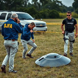 Two investigators in blue jackets with yellow letters on the back that say DFA, wearing cream pants with pockets, are analyzing a fallen UFO in a field