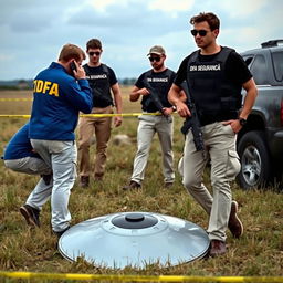 Two investigators in blue jackets with yellow letters on the back that say DFA, wearing cream pants with pockets, are analyzing a fallen UFO in a field