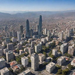 Ultra-realistic panoramic image showcasing the cityscape of Santiago de Chile, highlighting its emblematic buildings and features.