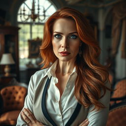 A mature and sophisticated woman with long, flowing red hair, wearing stylish and elegant clothing