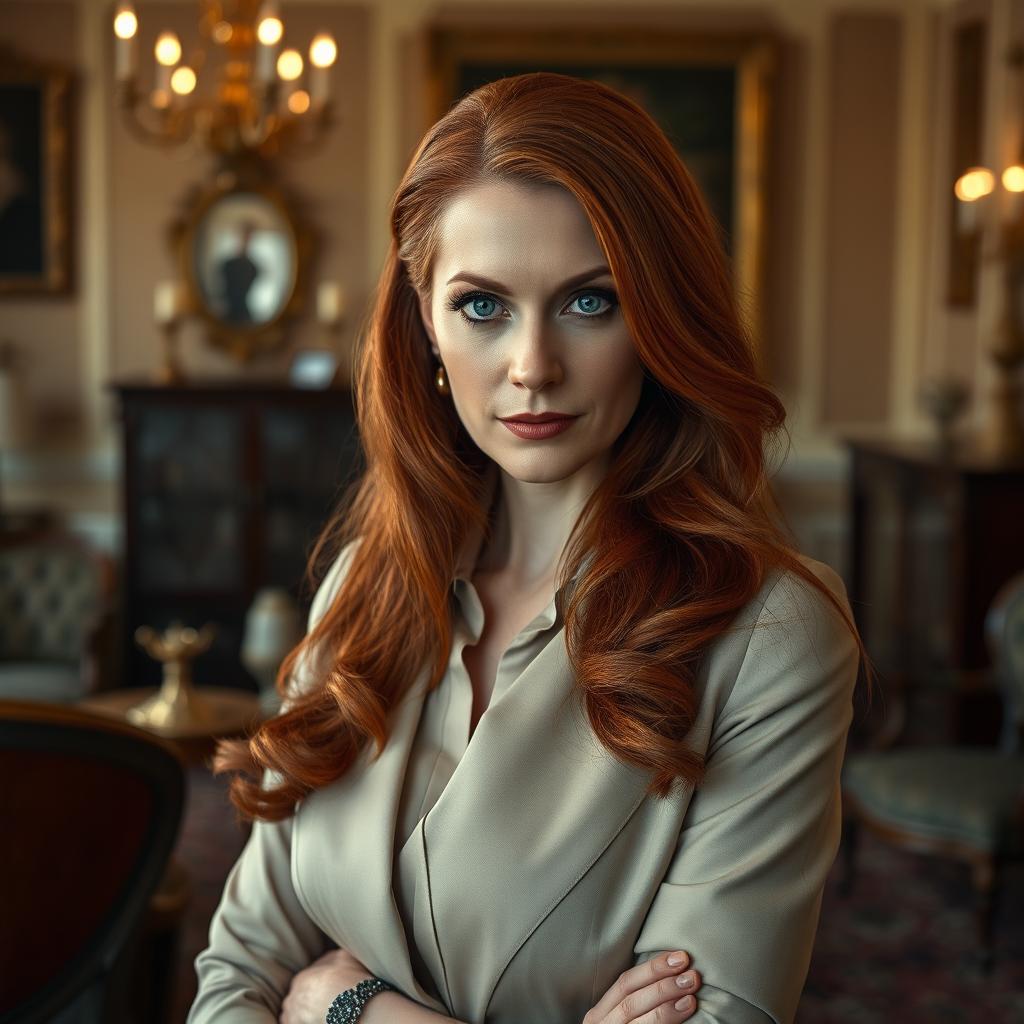 A mature and sophisticated woman with long, flowing red hair, wearing stylish and elegant clothing