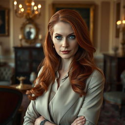 A mature and sophisticated woman with long, flowing red hair, wearing stylish and elegant clothing