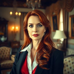 A mature and sophisticated woman with long, flowing red hair, wearing stylish and elegant clothing