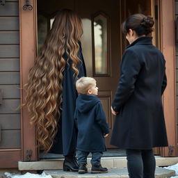 A young boy is standing at the entrance of his home, gazing towards his mother who is engaged in conversation with the neighbor