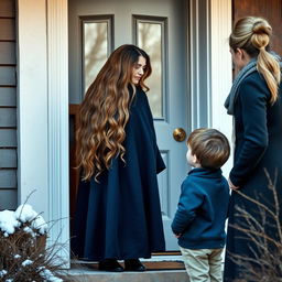 A young boy is standing at the entrance of his home, gazing towards his mother who is engaged in conversation with the neighbor