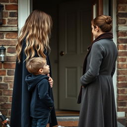 A young boy is standing at the entrance of his home, gazing towards his mother who is engaged in conversation with the neighbor