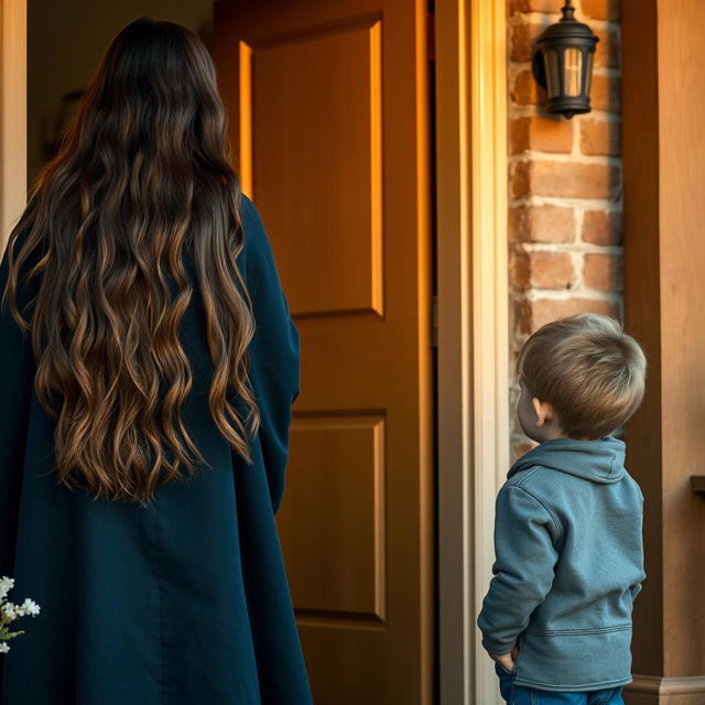 A young boy is standing at the entrance of his home, gazing towards his mother who is engaged in conversation with the neighbor