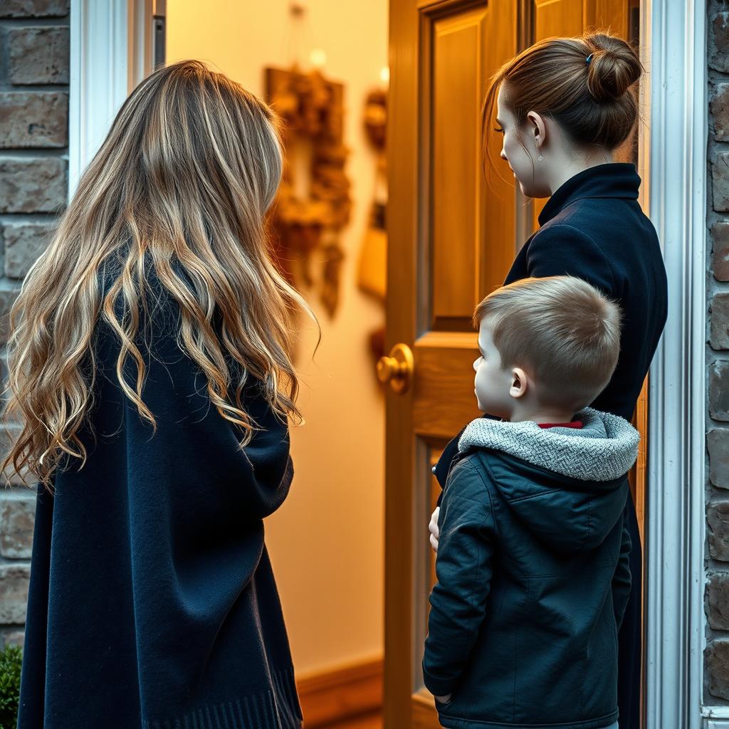 A young boy is standing at the entrance of his home, observing his mother engaged in a friendly conversation with the neighbor at the door