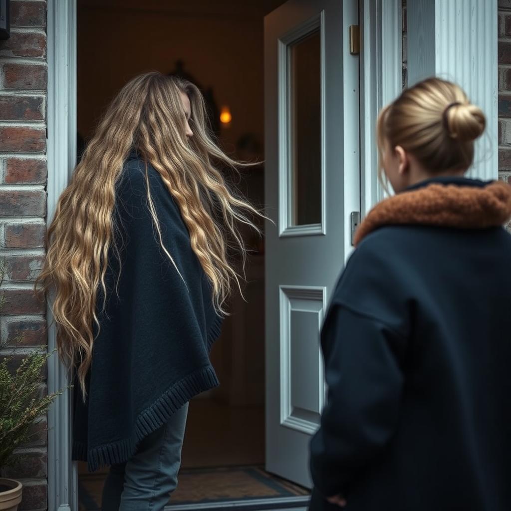 A young boy is standing at the entrance of his home, observing his mother engaged in a friendly conversation with the neighbor at the door