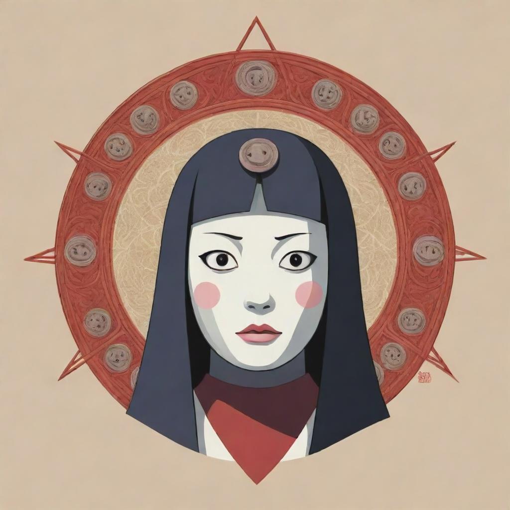 Generate an image of Kaonashi, a character from Spirited Away, intertwined with intricate Illuminati signs in a vector style