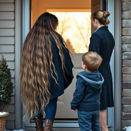 A young boy is standing at the entrance of his home, observing his mother engaged in a friendly conversation with the neighbor at the door