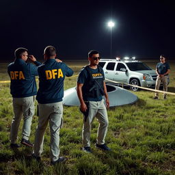 Two agents in blue jackets with yellow letters saying DFA on the back, wearing cream pants with pockets, are analyzing a crashed UFO in a field at night