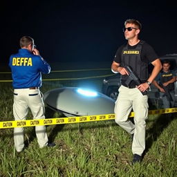 Two agents in blue jackets with yellow letters saying DFA on the back, wearing cream pants with pockets, are analyzing a crashed UFO in a field at night