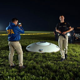 Two agents in blue jackets with yellow letters saying DFA on the back, wearing cream pants with pockets, are analyzing a crashed UFO in a field at night