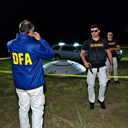 Two agents in blue jackets with yellow letters saying DFA on the back, wearing cream pants with pockets, are analyzing a crashed UFO in a field at night