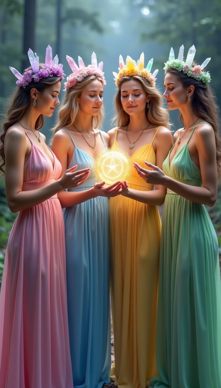 Four goddesses standing together in a mystical realm, each wearing a flowing dress of a different color—pink, blue, yellow, and green