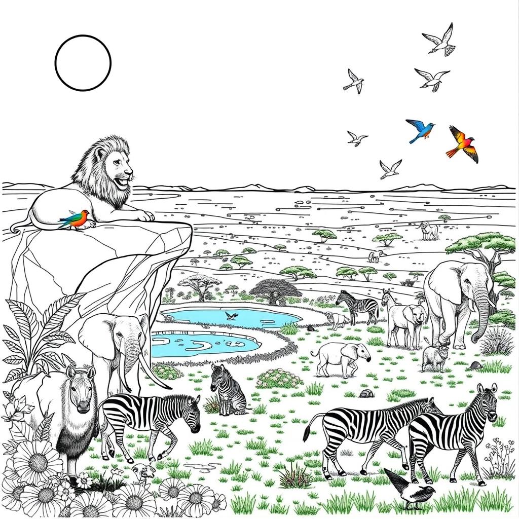 A detailed coloring page featuring a variety of animals in their natural habitats