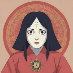 Generate an image of Kaonashi, a character from Spirited Away, intertwined with intricate Illuminati signs in a vector style