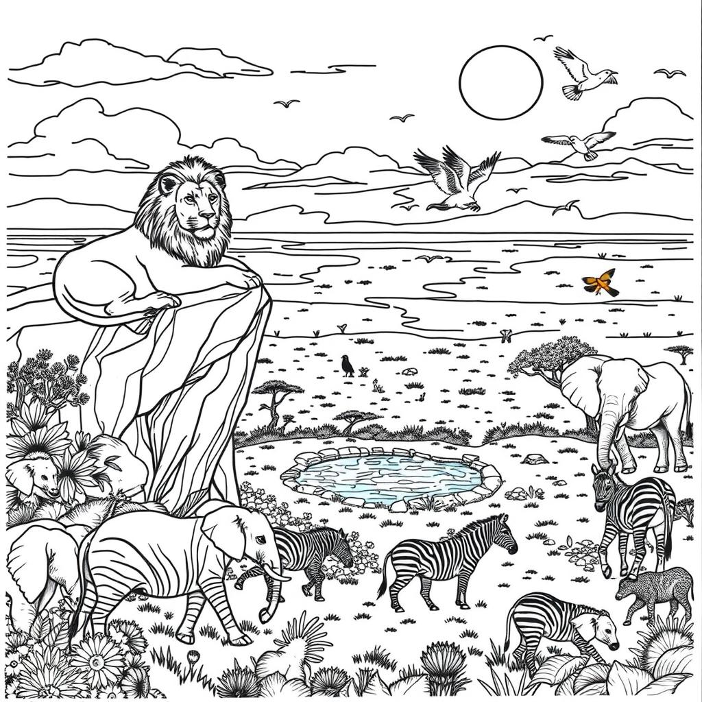 A detailed coloring page featuring a variety of animals in their natural habitats