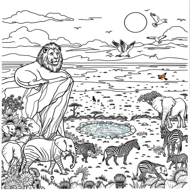 A detailed coloring page featuring a variety of animals in their natural habitats