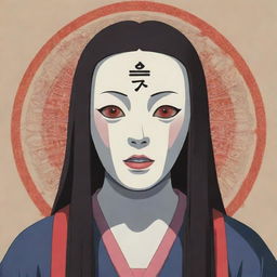 Generate an image of Kaonashi, a character from Spirited Away, intertwined with intricate Illuminati signs in a vector style