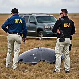 Two agents in blue jackets with yellow letters saying DFA on the back, wearing cream pants with pockets, are analyzing a crashed UFO in a field