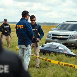 Two agents in blue jackets with yellow letters saying DFA on the back, wearing cream pants with pockets, are analyzing a crashed UFO in a field