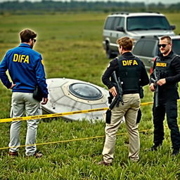 Two agents in blue jackets with yellow letters saying DFA on the back, wearing cream pants with pockets, are analyzing a crashed UFO in a field