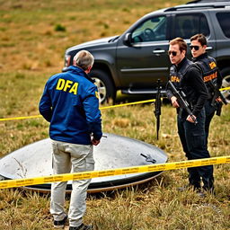 Two agents in blue jackets with yellow letters saying DFA on the back, wearing cream pants with pockets, are analyzing a crashed UFO in a field