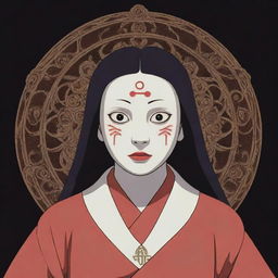 Generate an image of Kaonashi, a character from Spirited Away, intertwined with intricate Illuminati signs in a vector style