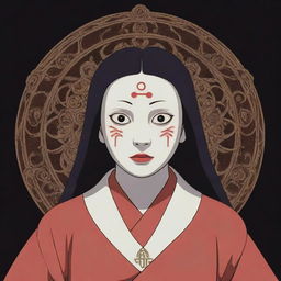 Generate an image of Kaonashi, a character from Spirited Away, intertwined with intricate Illuminati signs in a vector style