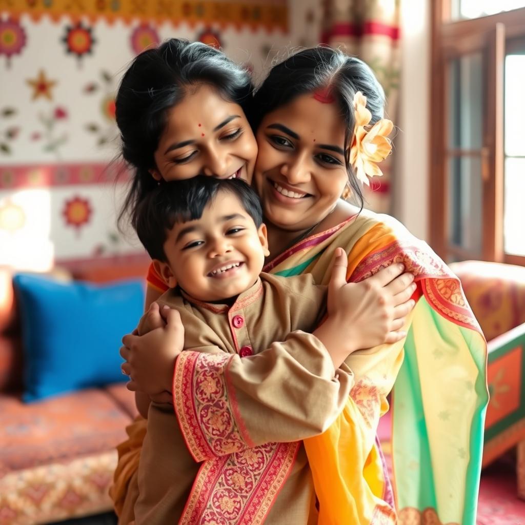 A warm moment between a loving Indian mother and her son, showcasing their strong familial bond