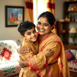 A warm moment between a loving Indian mother and her son, showcasing their strong familial bond