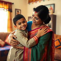 A warm moment between a loving Indian mother and her son, showcasing their strong familial bond