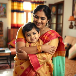 A warm moment between a loving Indian mother and her son, showcasing their strong familial bond