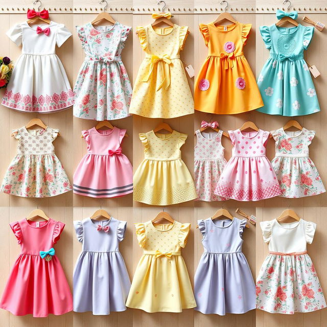 A vibrant collection of dresses designed for young girls aged 1 to 6 years, showcasing a variety of styles and colors