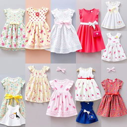 A vibrant collection of dresses designed for young girls aged 1 to 6 years, showcasing a variety of styles and colors