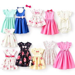 A vibrant collection of dresses designed for young girls aged 1 to 6 years, showcasing a variety of styles and colors