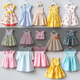 A vibrant collection of dresses designed for young girls aged 1 to 6 years, showcasing a variety of styles and colors