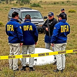 Three agents in blue jackets with yellow letters saying DFA on the back, wearing cream pants with pockets, are analyzing a crashed UFO in a field