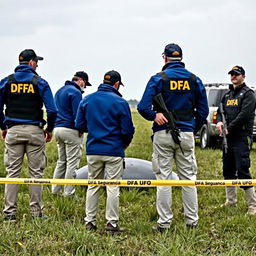 Three agents in blue jackets with yellow letters saying DFA on the back, wearing cream pants with pockets, are analyzing a crashed UFO in a field