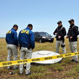 Three agents in blue jackets with yellow letters saying DFA on the back, wearing cream pants with pockets, are analyzing a crashed UFO in a field