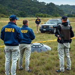 Three agents in blue jackets with yellow letters saying DFA on the back, wearing cream pants with pockets, are analyzing a crashed UFO in a field