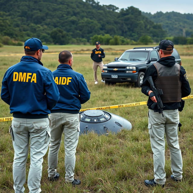 Three agents in blue jackets with yellow letters saying DFA on the back, wearing cream pants with pockets, are analyzing a crashed UFO in a field